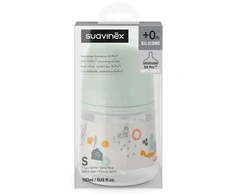 SUAVINEX ANTI-COLIC BUTELIUKAS SX PRO SU LĖTOS SROVĖS (S) FIZIOLOGINIU ŽINDUKU, 150 ML, NUO 0 MĖN., WALK Žalias