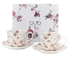 DUO Porcelianiniai puodeliai su lėkštutėmis 250ml 2vnt,šakelės su žiedais