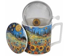 DUO Porcelianinis puodelis su sieteliu ir dangteliu 400ml,"Saulėgrąžų laukas"