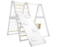Daugiafunkcis medinis sporto kompleksas vaikams SANRO R-WOOD su čiuožykla/laipiojimo lenta, baltas, 108,5x109x96cm, iki 50kg