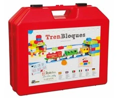 Traukinys su bėgiais, figūrėlėmis ir konstruktoriumi
