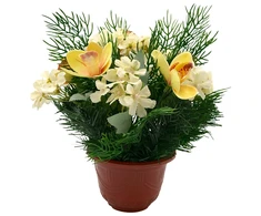 Dirbtinė orchidėjų ir hortenzijų puokštė vazone