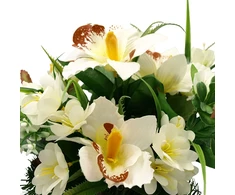 Dirbtinė orchidėjų ir zinijų puokštė vazone