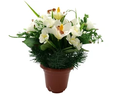 Dirbtinė orchidėjų ir zinijų puokštė vazone