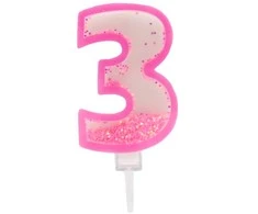 Rožinė žvakutė tortui skaičius "3"