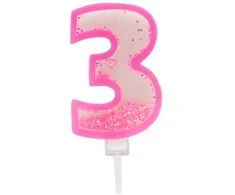 Rožinė žvakutė tortui skaičius "3"