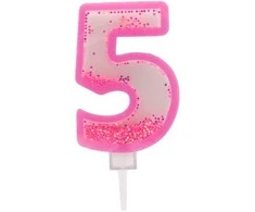 Rožinė žvakutė tortui skaičius "5"