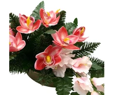 Vėlinių puokštė iš rožinių dirbtinių kardelių ir orchidėjų žiedų