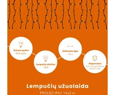 Lempučių užuolaida (šiltai baltos LED lemputės) PROLED IP67 20x2 m