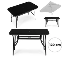 Juodas stalas 120 x 70 cm iš grūdinto stiklo su skėčio tvirtinimo anga