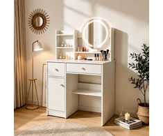 Kosmetikos staliukas su apvaliu veidrodžiu ir LED apšvietimu ModernHome