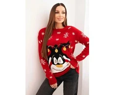 Moteriškas raudonas kalėdinis megztinis su elniu Deer