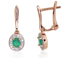 Auksiniai auskarai anglišku užsegimu, Raudonas Auksas, Briliantai , Smaragdas - 1.95 g. - 18 mm. - Briliantai (0,072Ct), Smaragdas (0,326Ct)