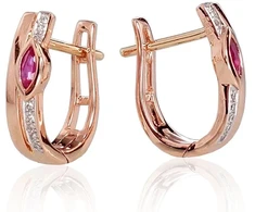 Auksiniai auskarai anglišku užsegimu, Raudonas Auksas, Briliantai , Rubinas - 2.1 g. - 14 mm. - Briliantai (0,032Ct), Rubinas (0,235Ct)