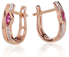 Auksiniai auskarai anglišku užsegimu, Raudonas Auksas, Briliantai , Rubinas - 2.1 g. - 14 mm. - Briliantai (0,032Ct), Rubinas (0,235Ct)