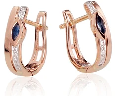 Auksiniai auskarai anglišku užsegimu, Raudonas Auksas, Briliantai , Safyras - 2.1 g. - 14 mm. - Briliantai (0,032Ct), Safyras (0,145Ct)