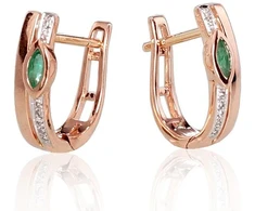 Auksiniai auskarai anglišku užsegimu, Raudonas Auksas, Briliantai , Smaragdas - 2.04 g. - 14 mm. - Briliantai (0,03Ct), Smaragdas (0,176Ct)