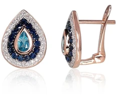 Auksiniai auskarai anglišku užsegimu, Raudonas Auksas, Briliantai , Safyras,Briliantai , Safyras , Mėlynas topazas - 3.79 g. - 14 mm. - Briliantai (0,14Ct), Safyras (0,45Ct), Mėlynas topazas