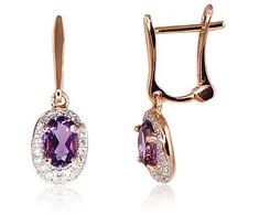 Auksiniai auskarai anglišku užsegimu, Raudonas Auksas, Briliantai , Ametistas - 2.01 g. - 21 mm. - Briliantai (0,129Ct), Ametistas