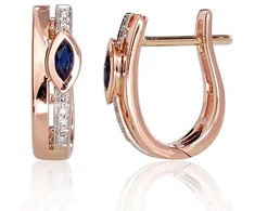 Auksiniai auskarai anglišku užsegimu, Raudonas Auksas, Briliantai , Safyras - 2.1 g. - 14 mm. - Briliantai (0,032Ct), Safyras (0,145Ct)
