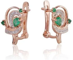 Auksiniai auskarai anglišku užsegimu, Raudonas Auksas, Briliantai , Smaragdas - 3.43 g. - 16 mm. - Briliantai (0,081Ct), Smaragdas (0,319Ct)