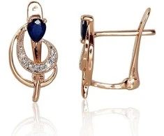 Auksiniai auskarai anglišku užsegimu, Raudonas Auksas, Briliantai , Safyras - 2.28 g. - 14 mm. - Briliantai (0,038Ct), Safyras (0,481Ct)