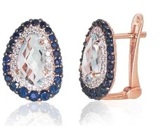 Auksiniai auskarai anglišku užsegimu, Raudonas Auksas, Briliantai , Safyras , Mėlynas topazas,Briliantai , Rubinas , Ametistas - 3.21 g. - 14 mm. - Briliantai (0,132Ct), Safyras (0,771Ct), Mėlynas topazas (2,7Ct)