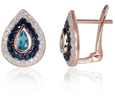 Auksiniai auskarai anglišku užsegimu, Raudonas Auksas, Briliantai , Safyras,Briliantai , Safyras , Mėlynas topazas - 3.79 g. - 14 mm. - Briliantai (0,14Ct), Safyras (0,45Ct), Mėlynas topazas