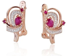 Auksiniai auskarai anglišku užsegimu, Raudonas Auksas, Briliantai , Rubinas - 3.24 g. - 16 mm. - Briliantai (0,082Ct), Rubinas (0,452Ct)