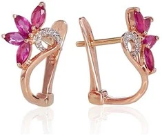 Auksiniai auskarai anglišku užsegimu, Raudonas Auksas, Briliantai , Rubinas - 2.01 g. - 15 mm. - Briliantai (0,028Ct), Rubinas (0,847Ct)