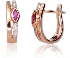 Auksiniai auskarai anglišku užsegimu, Raudonas Auksas, Briliantai , Rubinas - 2.1 g. - 14 mm. - Briliantai (0,032Ct), Rubinas (0,235Ct)