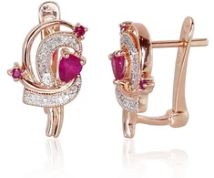 Auksiniai auskarai anglišku užsegimu, Raudonas Auksas, Briliantai , Rubinas - 3.24 g. - 16 mm. - Briliantai (0,082Ct), Rubinas (0,452Ct)