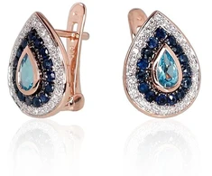 Auksiniai auskarai anglišku užsegimu, Raudonas Auksas, Briliantai , Safyras,Briliantai , Safyras , Mėlynas topazas - 3.79 g. - 14 mm. - Briliantai (0,14Ct), Safyras (0,45Ct), Mėlynas topazas