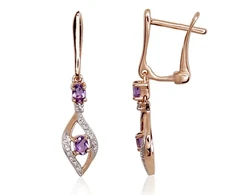 Auksiniai auskarai anglišku užsegimu, Raudonas Auksas, Briliantai , Ametistas - 1.78 g. - 26 mm. - Briliantai (0,056Ct), Ametistas (0,225Ct)