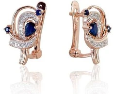 Auksiniai auskarai anglišku užsegimu, Raudonas Auksas, Briliantai , Safyras - 3.37 g. - 16 mm. - Briliantai (0,078Ct), Safyras (0,502Ct)