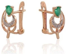 Auksiniai auskarai anglišku užsegimu, Raudonas Auksas, Briliantai , Smaragdas - 14 mm. - 2.13 g. - Briliantai (0,038Ct), Smaragdas (0,245Ct)