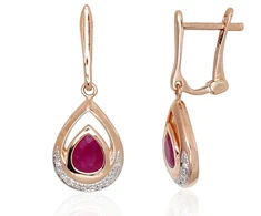 Auksiniai auskarai anglišku užsegimu, Raudonas Auksas, Briliantai , Rubinas - 2.96 g. - 24 mm. - Briliantai (0,056Ct), Rubinas (0,796Ct)