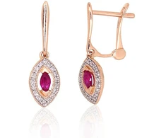 Auksiniai auskarai ant cilindrinės spynos - 1.89 g. - 21 mm. - Briliantai (0,072Ct), Rubinas (0,191Ct)