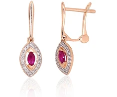 Auksiniai auskarai ant cilindrinės spynos - 1.89 g. - 21 mm. - Briliantai (0,072Ct), Rubinas (0,191Ct)