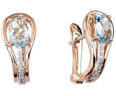 Auksiniai auskarai su brangakmeniais. Metalas: Raudonas Auksas. Praba: 585°. Akmuo: Briliantai , Mėlynas topazas - 2.82 g. - 14 mm. - Briliantai (0,034Ct), Mėlynas topazas