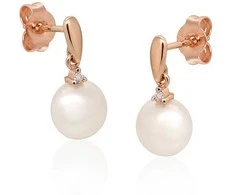 Auksiniai auskarai vinukai, Raudonas Auksas, Briliantai , Perlai - 2.4 g. - 17 mm. - Briliantai (0,02Ct), Perlai