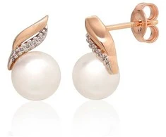 Auksiniai auskarai vinukai, Raudonas Auksas, Briliantai , Perlai - 2.38 g. - 13 mm. - Briliantai (0,03Ct), Perlai