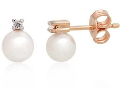 Auksiniai auskarai vinukai, Raudonas Auksas, Briliantai , Perlai - 1.41 g. - 8 mm. - Briliantai (0,04Ct), Perlai