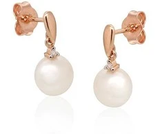 Auksiniai auskarai vinukai, Raudonas Auksas, Briliantai , Perlai - 2.4 g. - 17 mm. - Briliantai (0,02Ct), Perlai