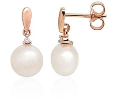 Auksiniai auskarai vinukai, Raudonas Auksas, Briliantai , Perlai - 2.4 g. - 17 mm. - Briliantai (0,02Ct), Perlai