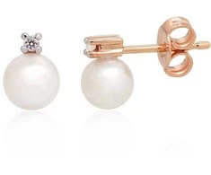 Auksiniai auskarai vinukai, Raudonas Auksas, Briliantai , Perlai - 1.41 g. - 8 mm. - Briliantai (0,04Ct), Perlai