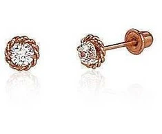 Auksiniai auskarai vinukai, užsukami, Raudonas Auksas, Cirkonai - 0.44 g. - 4 mm.