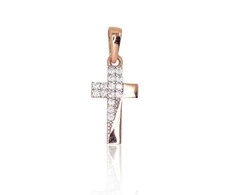 Auksinis pakabukas kryželis. Metalas: Raudonas Auksas. Praba: 585°. Akmuo: Cirkonai - 21 mm. - 0.54 g.
