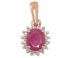 Auksinis pakabukas su brangakmeniais. Metalas: Raudonas Auksas. Praba: 585°. Akmuo: Briliantai , Rubinas - 14 mm. - 0.49 g. - Briliantai (0,04Ct), Rubinas (0,349Ct)