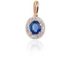 Auksinis pakabukas su brangakmeniais. Metalas: Raudonas Auksas. Praba: 585°. Akmuo: Briliantai , Safyras - 0.73 g. - 15 mm. - Briliantai (0,04Ct), Safyras (0,337Ct)